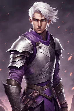 a young and fitness twenty eight years old male noble-warrior with white short hair e purple eyes. He wears a leather armor and wields a two-handed falchion