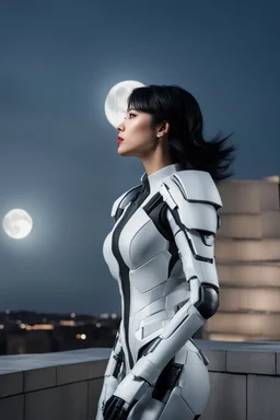 Photo Of A slim Woman With Black Hair, Wearing An android-looking suit, standing sideways On A Ledge of a building, With A waning moon Behind Her Head