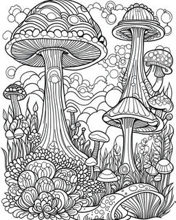 fantasy mushroom world minimalistic landscape. line art, background, vector, svg, coloring book page style, black outline on white background