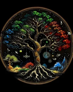 The tree of life consists of four seasons: spring, summer, autumn, winter, light, time, darkness, star, moon, sun, yang-ying, water, wind, soil, fire, love, and blue magic mushroom.