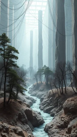 Photograph, a mass of wires, giant museum space, trees, pillars, high walls, schermi di computer, high towers in a room, rag, powder, brook, sediments, deflagration of the background, geological formation, light, architecture, minimalist, details of the terrain very accentuated, 8k, deep 3d field, sharp, brutalist, hasselblad h6d400c --ar 85:128 --v 6.0