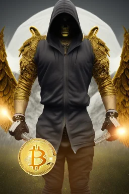 running berserker portrait , no face, black jogging suite , in the night Alps , holding bitcoin , angels background, volumetric gold light, high detail, dark leaf tree, dark mountains in background, perfect