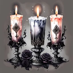 watercolor drawing gothic black candles, black lace, pearls, black roses, on a white background, Trending on Artstation ::{creative commons}:: Illustration :: Color Grading:: Filmic, Nikon D750, Brenizer Method, Perspective, Depth of Field, F/2.8, Lens Flare, Tonal Colors, 8K, Full-HD, ProPhoto RGB, Perfectionism, Rim Lighting, Natural Lighting, Soft Lig