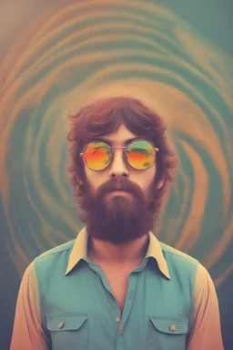 hippie young man with glasses of colours and poor and short short short and poor hair on the head with receding hairline. Farsightedness glasses with big eyes. Shirt beard in the head. Vintage look and feel like photo style-of the 70s