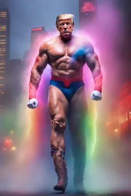 Extremely Muscular, Donald Trump as 'Maga Man,' Extremely Muscular, overly exaggerated muscles, Skintight, formfitting bodysuit, cape, boots, Multicolored vortex, multicolored lightning, neon lit futuristic cityscape, mist, fog, speed, extremely overexaggerated musculature, "MAGA MAN"