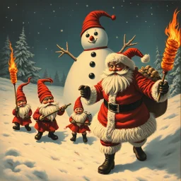 there is no kebabs at christmas, evil Santa, evil gnomes running around, flaming eyes, evil Rudolf, very big evil Frosty the snowman in background, kebabs and kebab, 1940 christmas postcard
