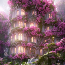 a magical flower bougainvillier fuksia house in the woods, pink vertical, sharp, vines, candlelit, endor, ornate, elegant, highly detailed, artstation, concept art, smooth, sharp focus, illustration, 8k, splash art, wallpaper, key visual