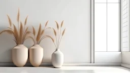 Modern bright minimalist interior blank wall in living room, dry plants in vases. 3d render illustration mock up.