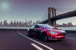 A Tesla 'Model S' is parked, on the 'FDR Drive', eastern Manhattan. (CINEMATIC, WIDE ANGLE LENS, PHOTO REAL)