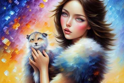 an irresistibly adorable image of a whimsical brunette woman creature with black hair and hazel eyes. Envision a charming being with fluffy, onyx-colored fur or hair that frames its endearing face. in the blowing wind Leonid Afremov