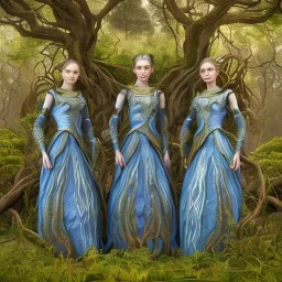 3d render, Painting .three women. A mother. Two daughter. Twins. A mother with her children the faces of three young elf women. wood nymphs emerging from the forest. Her hair looks like vines. Dreadlocs. Her skin is the colour of dark soil. Her skin looks like tree bark. Her clothing is made of vines, grass and leaves.