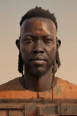 african portrait in rusted clocks, rust, scaffolding, ghana colours, cyberpunk, high detail