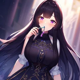 High quality, Detailed, Black long hair, Purple eyes, Detailed clothes, mouth open, blushing