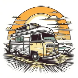 A retro camper van parked by the ocean, nostalgic, carefree, golden hour lighting, T-shirt design graphic, vector, contour, white background.