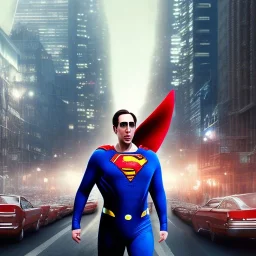 nicholas cage as superman, dramatic, cityscape background, dramatic lighting, volumetric lighting, hyperrealisme, 8k, high quality, photorealistic, lot of details