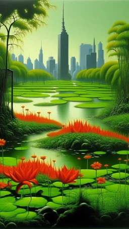 A green swamp with fiery orange lilies near a city painted by Frank Wilson