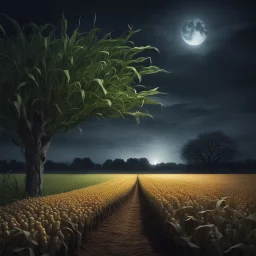 Hyper Realistic Corn Field at night with empty tree