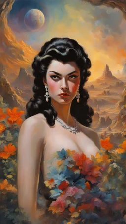 beutifull girl ,mugshot, Planet of the Vulcans, multicolored, large, floral designs, atmospheric, beautiful, oil painting by Frank Frazetta, 4k UHD, Photorealistic, professional quality