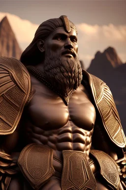 A big Egyptian statute of handsome muscular old man druid with angelic features and intricate ornate armor in the ice mountains at sunset, a boy looking up at the big man forgotten realms fantasy style by lee jeffries, 8k, high detail, smooth render, unreal engine 5, cinema 4d, HDR, dust effect, vivid colors