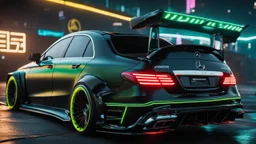Mercedes E190 Evolution ultimate need for speed tuning Mansory Cyberpunk 2077 neon Style Rear View, Super Detailed, desktop wallpaper, 4K