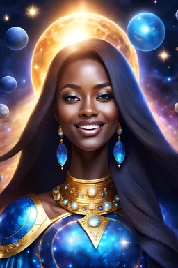 Beautiful Enlighten,highly detailed beautiful elegant, happy smiling, long straight hair, african Galactic, blue skin, ,Blue costume, glowing magic stars, space ship, planets, Blue gold shining graduated colours,nice magic atmosphere, jewels, transparent stones, shining stars, glitters, hyper ultra realistic, 32 K, global illumination, radiant sun light, bright sky environment, intricate details, surreal, wonderfull, Full Body, sky, stars dark blue light