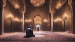 Hyper Realistic man praying in sajda inside a beautifully crafted mosque with fancy walls & pillars, chandeliers & beautiful carpet at night