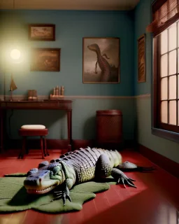 Room scene with alligator sleeping, Wes Anderson styler, realistic image, concept art, smooth, unreal engine 5, god lights, ray tracing, RTX, lumen lighting, ultra detail, volumetric lighting, 3d.