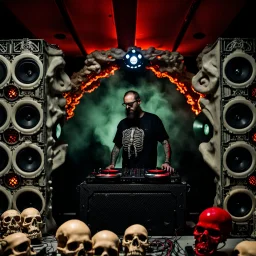 DJ of the damnded, insanely detailed DJ booth in hell, MID set, speakers and equipment made of bone, anatomically correct,