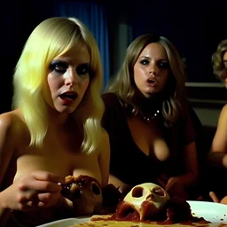 Horror movie shot, hot party, breest, die, ultra realistic, dine, pastel, ultra chaos, realistic hot blonde women, pieces of meat, monster, horn, De Chirico, satanism, pieces of organs, light, 1970's Italian horror movie, sinister, Caravaggio, Dario Argento, Stanley Kubrik, ornate, 4k, photorealism