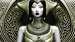 pale alien woman wearing exotic clothing. Black hair bob