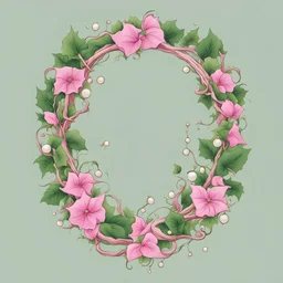 Create an Artwork of a Mirror with ivy branches and pearls necklace, Like a creative Logo for a Varasity Jacket to put a random number uin it, Vector illustration. Colors should be pink and green