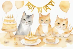 beautiful composition, cat birthday party with cake, watercolor and ink, golden glitters in ochre in sunshine