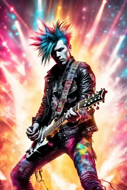 Full body PunkRocker,play guitar electric,with high details, style: photograph coloursfull glowing abstracts