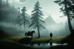 a lonely traveler wandering alone in a large pine forest with a horse and in the distans a large mountain range is visibel, high fantasy, lord of the rings, dungeons and dragons, in the style of jakub rozalski