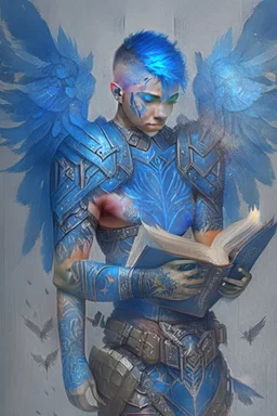 a person in runic armor with blue wings, blue short hair, runic tattoo and spell book