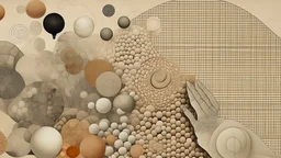 The artwork features a surreal and layered composition on a textured beige background. A prominent hand emerges from the bottom left, placing a pebble or button among a pyramid-like arrangement of similarly sized circular shapes. Above this grid, a smaller hand is depicted on an off-white surface. This surface is embedded with multiple small round spheres, each displaying a partial face in profile or an expressive gesture. The spheres seem to float on the surface, which mimics the texture of spa