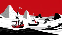 A digital illustration by Malevich of a black and white desert landscape with a minimalist red pirate boat.