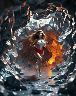 make a picture pretty cave made of crystal and metallic 3d fractal recursive cubic and sphere base structures and a beautiful fashion model lady with cute,curvy long hair,makeup, in pretty sports suit is running inside cave ,dynamic camera fallow her inside cave capturing full body, dynamic lights.
