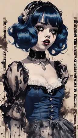 Poster in two gradually, a one side malevolent goth vampire girl face and other side the Singer Melanie Martinez face, full body, painting by Yoji Shinkawa, darkblue and sepia tones,