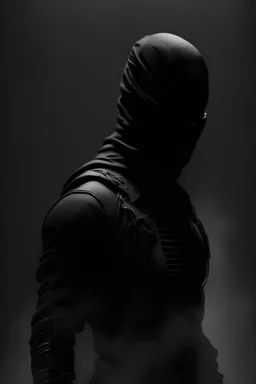 Background is dark grey, almost black. There is a head and torso silhouette looming in the picture, completely masked by a black kevlar suit.