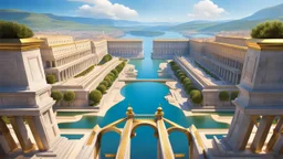 a roman city divided by a river next to the ocean. seen from a hill. perfect symmetry. marble and gold. fantasy.