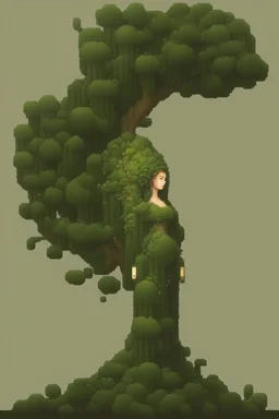 a pixel tree that sprouts in the shape of a goddess