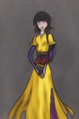 Portrait lady, full body shot, full-color medium shot YellowDarkAcademia