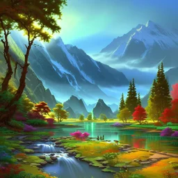 Serene landscape by day with sunlight beams with river running trough mountains, a forest with a lot of vibrant colors, in the style of bob ross, thomas kadinskade and albert bierstadt. Peacefull and calming, intricate details, vibrant.