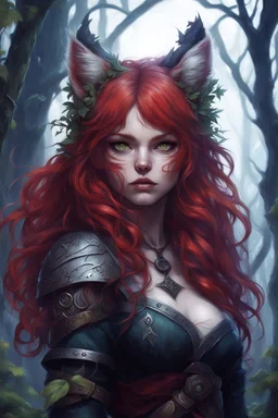 CAT GIRL, FANTASY, FORESTY, VINES, SOULLESS, FLUFFY TAIL, VIKING RED HAIR, METAL