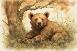 Watercolor and ink illustration of a bear cub clinging to a gnarled oak tree branch by Guymick Cormic, reclining amidst tall grass and ferns, surrounded by dense, leafy foliage and wildflowers bathed in the amber glow of sunrise, featuring Brian Froud's fantastical influences combined with the dramatic, fluid styles of Carne Griffiths and Alberto Seveso, 60-30-10 colour harmony evident, mystical symbols interwoven, vibrant splashes.