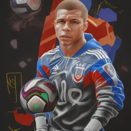 kyliian mbappe , fantastic drawing, robot body, special power, world cup in hand, france t-shirt