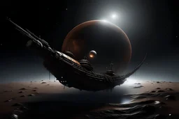 next to Mars, a pirate ship from the last century floating out of a black hole, ultra-realistic photo