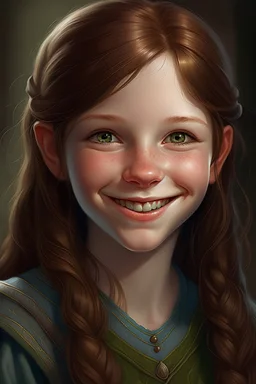 A smiling, young, elf, girl, with brown hair, freckles and blue eyes