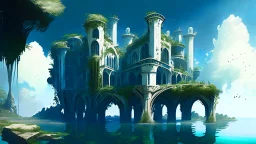 A futuristic ruined gothic building on an island floating over the sea with balconies, verandas, many arches, bridges, spires, paths, trees, dense foliage, spanish moss, ivy, blue sky, white clouds